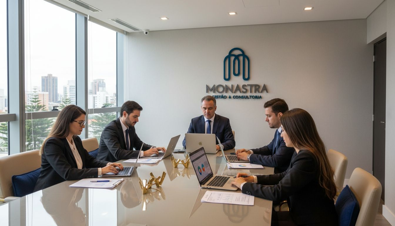 Equipe da Monastra, administradora de condomínio em Curitiba, reunida em sala de reuniões moderna, analisando relatórios e estratégias de gestão condominial.
