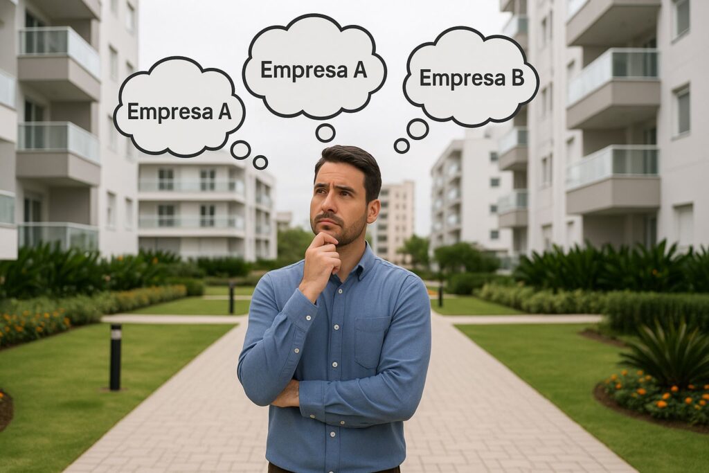 Homem pensativo em um condomínio moderno com três balões de pensamento acima da cabeça escritos “Empresa A”, “Empresa B” e “Empresa C”, representando a dúvida sobre como escolher uma administradora de condomínios.