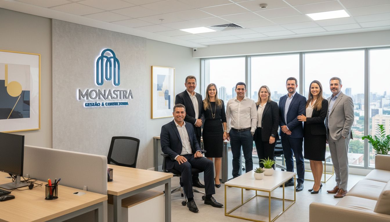 Equipe da Monastra, administradora de condomínios em Curitiba, reunida em escritório moderno com a logomarca da empresa na parede, simbolizando profissionalismo e união.